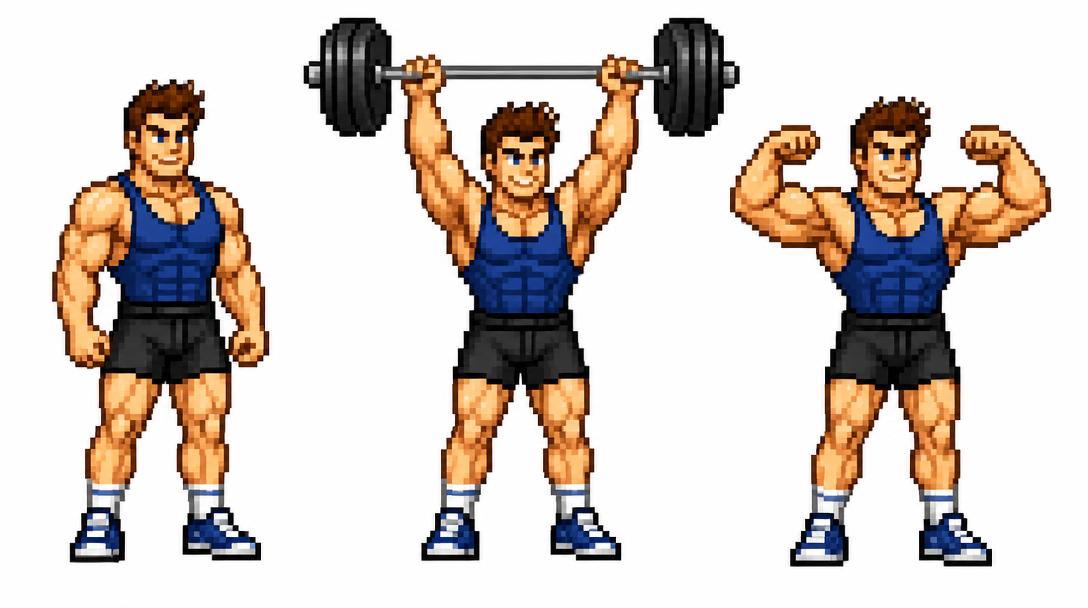 Example gym character shown standing, lifting and flexing